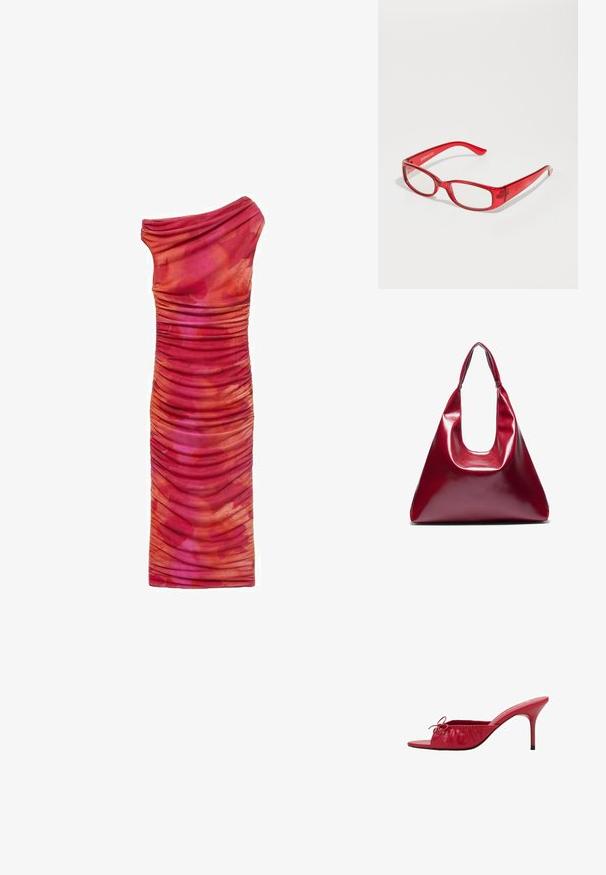 Mango MIRA - Shift dress - pink; Red leather open-toe slide with gathered, pleated design and a decorative bow. Features a stiletto heel and smooth finish.; Red plastic eyeglasses with a rectangular frame, clear lenses, and slim arms. Brand logo "even&odd" is embossed on the temple.; Red glossy leather handbag with a triangular shape, wide top opening, and a single curved handle. Smooth texture with minimal stitching details.