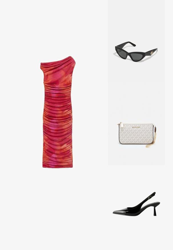 Mango MIRA - Etuikleid - pink; Schwarze Lackleder Slingback-Pumps mit spitzem Zeh, ausgeschnittenen Seiten, verstellbarem Knöchelriemen und einem dünnen, eleganten Absatz.; Cat-Eye-Sonnenbrille mit mattem schwarzen Kunststoffrahmen, dunklen Gläsern und einem goldenen Logoplatz auf dem Bügel. Winkeliges Design und glatte Oberfläche.; Michael Kors Clutch in beige beschichtetem Canvas mit einem wiederholten MK-Logo-Muster, goldfarbener hardware und einem abnehmbaren Kettenriemen.