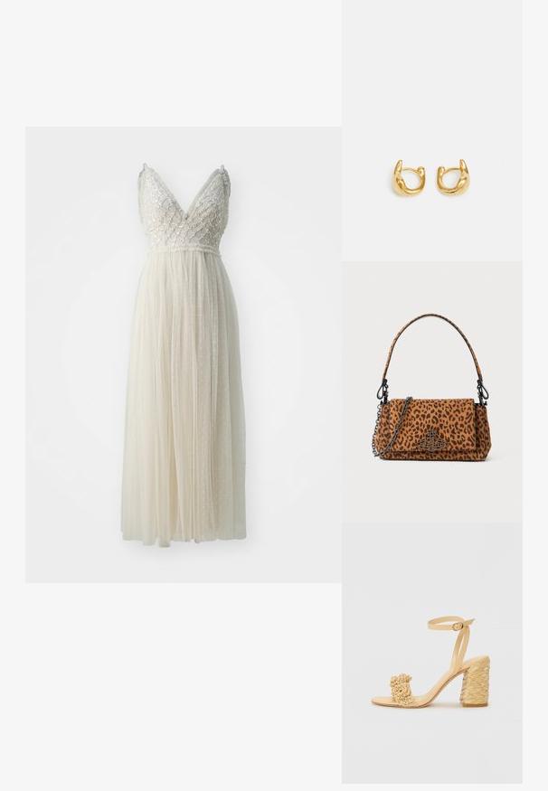Needle & Thread - Suknia balowa; Beżowe sandały na wysokim obcasie o plecionym wzorze, z dekoracyjnym kwiatem i paskiem na kostkę. Kwadratowy obcas zwiększa stabilność.; Torebka w panterkę wykonana z zamszu, z krótkim uchwytem, łańcuszkowym paskiem oraz czarnym zapięciem. Prostokątny kształt z klapką.; Złote kolczyki w kształcie hoop charakteryzujące się gładkim, zaokrąglonym wzornictwem z połyskliwym wykończeniem. Kolczyki mają kompaktowy, masywny kształt oraz bezszwowy zamek.
