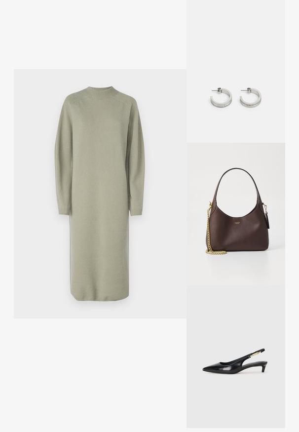 Abito a maniche lunghe con scollatura a girocollo in morbido tessuto a maglia verde chiaro. Presenta una silhouette rilassata e polsini e scollatura a costine.; Tacchi slingback in pelle nera con punta affusolata, caratterizzati da un tacco alto e un accento dorato sulla cinghia regolabile. Texture liscia.; COACH BROOKLYN SHOULDER BAG 23 - Borsa a mano - maple; Orecchini a cerchio in argento con una superficie liscia e una fila di piccole pietre trasparenti lungo il bordo inferiore, dotati di chiusura a perno.