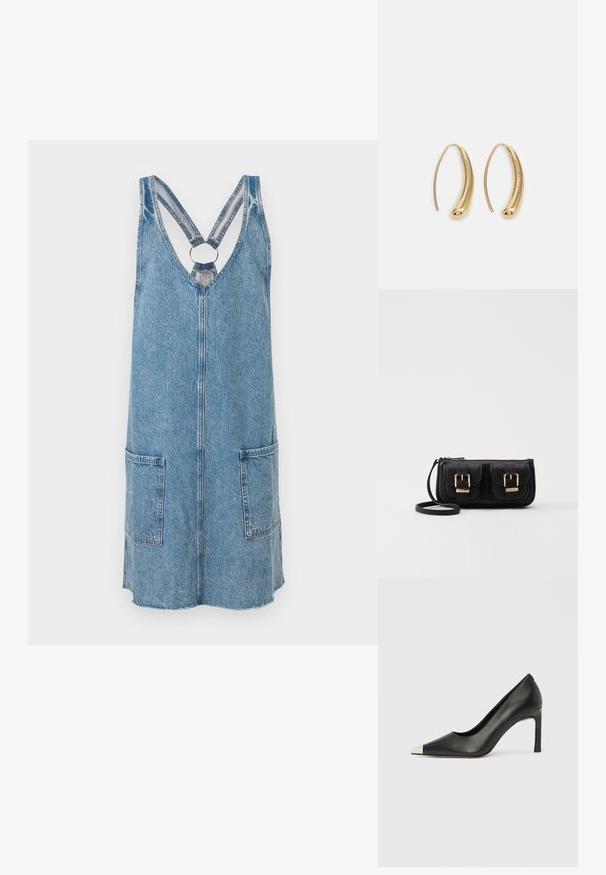 Gaiši zila džinsa kleita ar V veida kakla izgriezumu un krustveida siksnām ar apļa gredzenu. Tam ir divas priekšējās kabatas un taisna apakša.; Melns ādas augstpapēžu kurpes ar smailu purngalu un metāliski sudraba uzgali. Ir gluda apdare un slaids 10 cm augsts papēdis.; Melnas ādas crossbody soma ar divām priekšējām kabatām, zelta sprādzēm, ar rāvējslēdzēju aizdari un šauru siksnu. Strukturēta virsma un kompakta taisnstūra forma.; Zelta toņu metāla gredzena auskari ar izliektu, pagarinātu formu. Ar gludu, spīdīgu virsma un noapaļotu galu papildu detaļām.