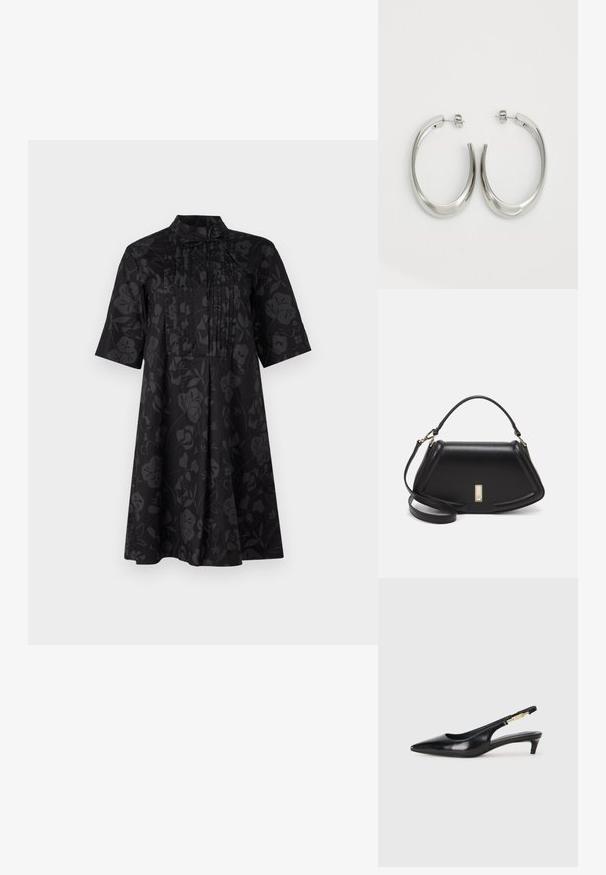 Marimekko HELMAT NOKTURNO - Day dress - black/dark grey; Black leather slingback heels with a pointed toe, featuring a slim heel and a gold-tone accent on the adjustable strap. Smooth texture.; Black leather handbag with a structured design, featuring a cropped shape, top handle, and gold hardware accent. Adjustable shoulder strap included.; Silver hoop earrings with a smooth, curved design. Features a shiny metallic finish and stud closure. No visible patterns or accents.