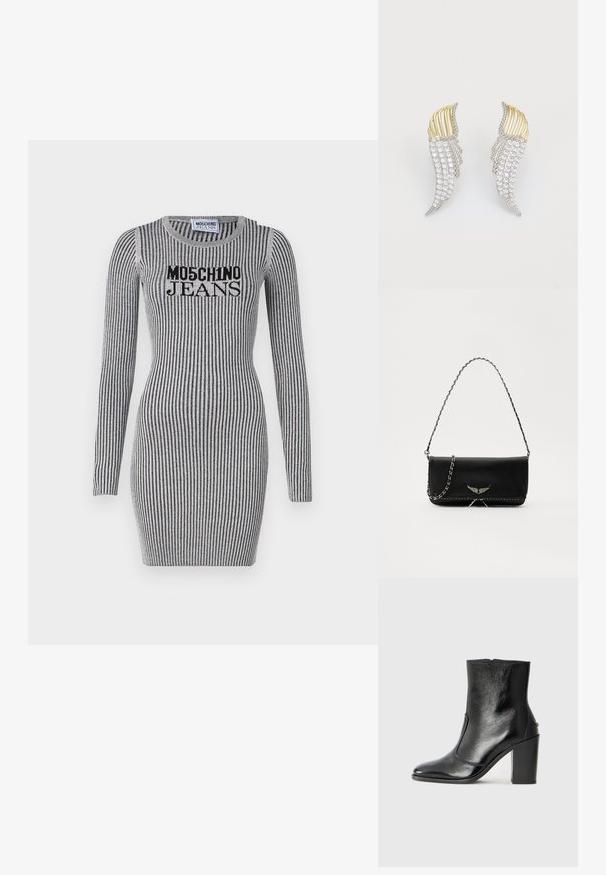 Szürke kötött ruha függőleges fekete csíkokkal. Hosszú ujjú és kerek nyakú. A mellen "Moschino Jeans" logó látható.; Fekete bőr bokacipő sima textúrával, hegyes orral és vastag, magas sarkával. Oldalnyílással és minimalista dizájnnal rendelkezik.; Fekete bőrtáska ezüstlánc pánttal, díszes szárnyakkal és fehér varrással az alsó varrat mentén.; Két szárnyformájú fülbevaló, ezüstszínű fémből, átlátszó, kerekre csiszolt strasszokkal és aranyszínű fémbetétekkel, rétegezett kialakítással.