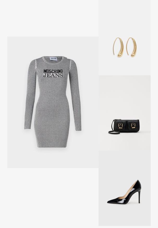 Gebreide jurk in grijs met verticale zwarte strepen. Heeft lange mouwen en een ronde halslijn. "Moschino Jeans" logo op de borst.; Zwarte lakleren hoge hakpumps met een puntige neus en een slanke silhouet. Heeft een gladde, glanzende afwerking en een slanke stilettohak.; Zwarte leren schoudertas met twee vo pockets, gouden gespen, ritsluiting en een smalle band. Tekstuur oppervlak en compacte rechthoekige vorm.; Gouden metalen oorbellen in de vorm van een gebogen, verlengde hoop. Kenmerkend zijn het gladde, glanzende oppervlak en de afgeronde punt voor extra detail.