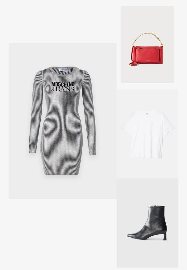 Abito in maglia grigio con righe nere verticali. Presenta maniche lunghe e scollo rotondo. Logo "Moschino Jeans" sul petto.; T-shirt bianco in cotone con maniche corte, scollo rotondo, vestibilità comoda e orlo cucito. Etichetta visibile all'interno del colletto.; Stivaletto in pelle nera con punta affusolata e design elegante. Presenta un tacco basso e una chiusura con zip sul retro. Texture liscia.; Borsa a mano in pelle rossa con finitura testurizzata, catena e tracolla dorate, tasca con zip frontale e logo impresso. Design compatto e strutturato.