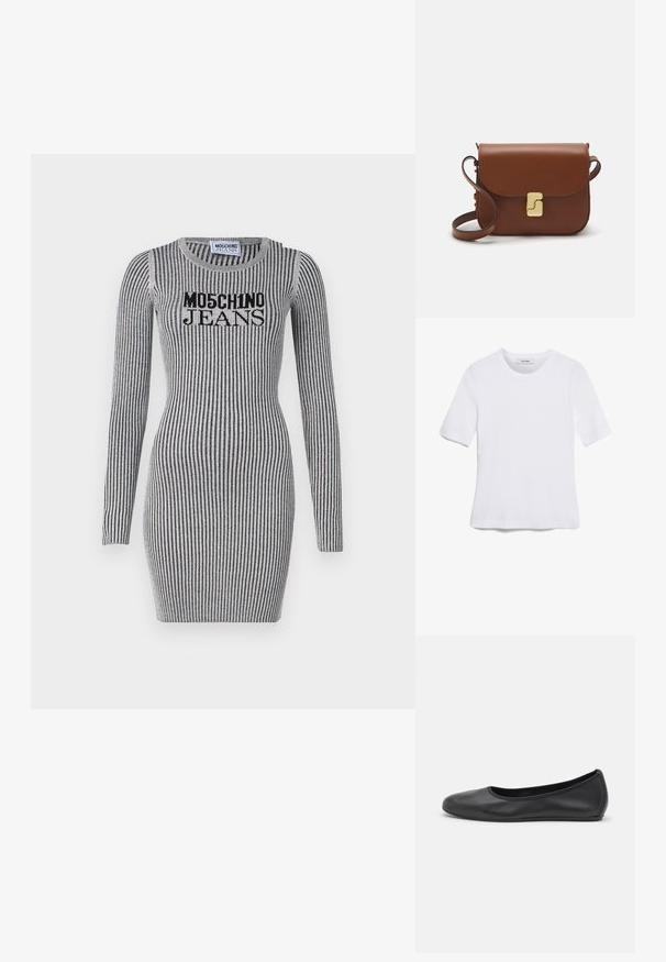 Szürke kötött ruha függőleges fekete csíkokkal. Hosszú ujjú és kerek nyakú. A mellen "Moschino Jeans" logó látható.; Fehér, rövid ujjú póló ribbed anyagból. Kerek nyakkivágás, normál szabás és diszkrét varrási részletek. Nincsenek minták vagy grafikák.; Fekete bőr balettcipő lekerekített orral, sima tekstúrával, minimális varrással és rugalmas talp kialakítással.; Barna bőr kézitáska, hajtókás zárással, arany színű fém kiegészítőkkel, vállpánttal és sima felülettel. Kompakt téglalap alakú.