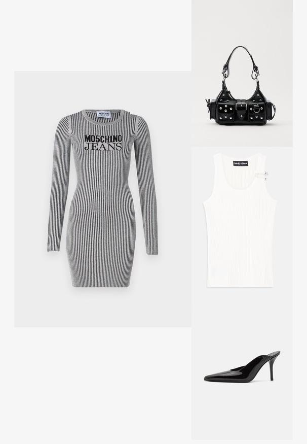 Rochie tricotată de culoare gri cu dungi verticale negre. Are mâneci lungi și un guler rotund. Logo-ul "Moschino Jeans" se află pe piept.; Top alb cu dungi, cu decolteu rotund și detaliu metalic pe umăr. Textură moale, design ajustat și stil fără mâneci.; Mule-uri cu toc înalt din piele lacuită neagră, cu vârful ascuțit și o siluetă elegantă, având un spate deschis și un toc subțire stilletto.; Geantă de piele neagră cu un design curbat, dotată cu studuri argintii, o cataramă și două buzunare laterale. Curea ajustabilă pentru opțiuni de transport.