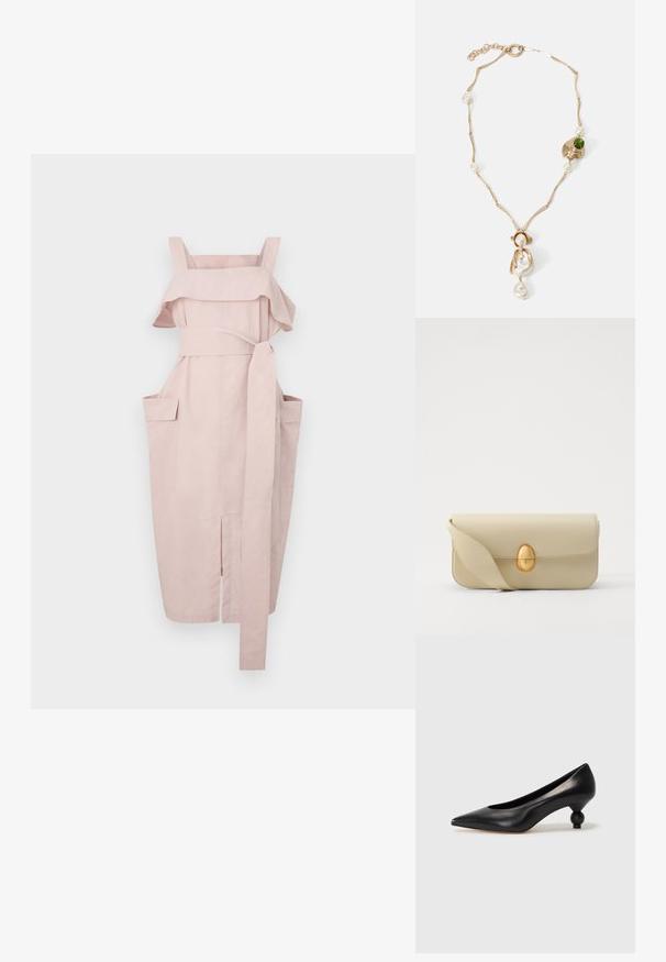 Gaiši rozā kleita ar viļņotu dekoltē, platām siksnām, jostu gurniem un diviem sānu kabatām. Iezīmē taisnu griezumu un šķēlumu apakšmalā.; Melnas ādas augstpapēžu kurpes ar smailu purngalu un apaļu papēdi. Gluda tekstūra ar elegantu, minimālistisku dizainu.; Beige krēma ādas somiņa ar gludu tekstūru, taisnstūra formu un zelta ovālu aizdari. Aprīkota ar garu, regulējamu siksnu.; Zelta tonis kaklarota ar savirpinātām saistēm, baltām pērlem un zaļa akmens akcentu. Izceļas ar sarežģītām detaļām un aizdari, lai nostiprinātu.