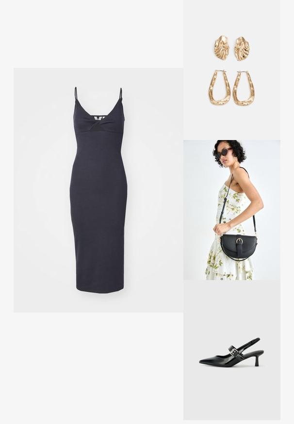 Czarna dopasowana sukienka z cienkimi regulowanymi ramiączkami, z dekoltem typu scoop i wycięciem pod biustem, wykonana z gładkiego materiału.; Czarne lakierowane szpilki slingback z wąskim noskiem i małym słupkiem, z ozdobnym srebrnym klamrą na pasku.; Czarna skórzana torebka o zakrzywionym kształcie, z odpinanym paskiem i złotymi akcentami. Torebka posiada klapę z zapięciem w kształcie klamry.; Złote kolczyki w odcieniu, prezentujące teksturowane, faliste kształty. Zawierają rzeźbiarskie klipsy i otwarty projekt kółek z młotkowanym wykończeniem.