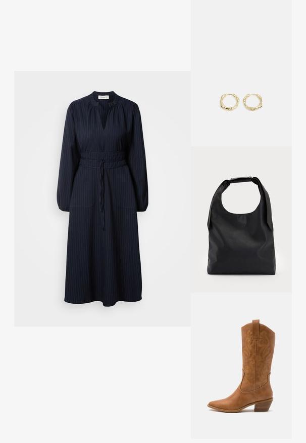 Námornícky modré šaty s vertikálnymi pruhmi, dlhými rukávmi, skladaným výstrihom a pásom v oblasti pása. Obsahujú dva predné vrecká.; Hnedé kožené kovbojské topánky s špicatou špičkou, vyšívanými vírivkami na štýle a blokovým podpätkom. Obsahuje praktický pútko na ľahké obúvanie.; Čierna kožená hobo taška s jedným mäkkým, zaobleným uchom; má hladkú textúru a minimalistický dizajn. Žiadne viditeľné kovanie ani akcenty.; Zlaté kruhové náušnice s textúrovaným, nepravidelným tvarom. Majú bezšvové uzatváranie a lesklý povrch, čo podčiarkuje moderný dizajn.
