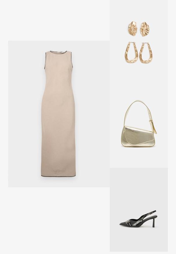 Beige αμάνικο μάξι φόρεμα με λεία υφή, διαθέτοντας στρογγυλή λαιμόκοψη και διακριτική μαύρη άκρη κατά μήκος των άκρων.; Μαύρο παπούτσι slingback από πατέντο δέρμα με μυτερή μύτη, λουράκια στον αστράγαλο που διαθέτουν ασημένιες αγκράφες και μεταλλικά στοιχεία, και λεπτό τακούνι.; Χρυσή μεταλλική τσάντα χειρός με δομημένο σχέδιο, λεία υφή και ρυθμιζόμενο λουρί. Διαθέτει μοναδικό τριγωνικό σχήμα και μινιμαλιστική ραφή.; Χρυσά σκουλαρίκια με υφή, κυματιστά σχήματα. Περιλαμβάνουν γλυπτικά κλιπ-σε σκουλαρίκια και σχέδιο ανοιχτού σκουλαρικιού με σφυρήλατη επιφάνεια.