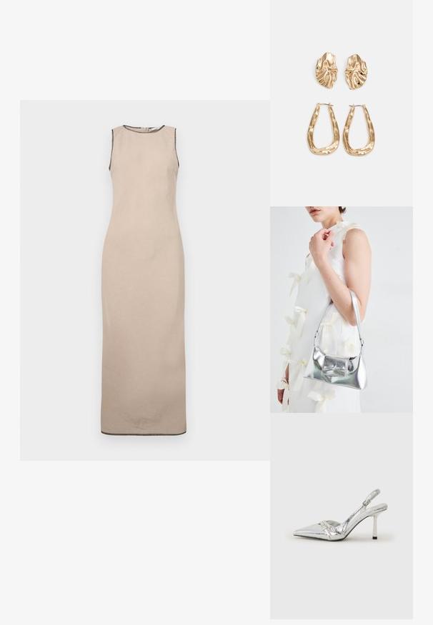 Vestido maxi sem mangas bege com uma textura suave, apresentando um decote redondo e um discreto acabamento preto nas bordas.; Sapato de salto alto slingback prateado com bico fino, acabamento metálico, duas correias decorativas e um salto esbelto com ponta preta.; Bolsa metálica prateada com uma forma estruturada, apresentando uma alça superior e um detalhe de laço na frente. Textura suave, acabamento reflexivo.; Brincos em tom de ouro com formas onduladas e texturizadas. Inclui studs escultóricos com presilha e um design de argola aberta com um acabamento martelado.