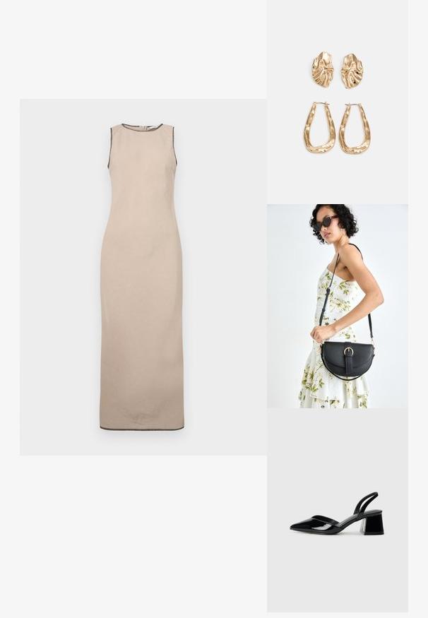 Bežinė berankovė maksi suknelė su lygia tekstūra, turinti apvalų iškirpimą ir subtilią juodą apdailą prie kraštų.; Juodos lakuotos odinės šlepetės su smailiu pirštu ir geometriniu bloko kulnu. Turi elegantišką, minimalistinį dizainą ir lygų paviršių.; Juodas odinis krepšys su išlenkta forma, nuimamu dirželiu ir auksiniais detalėmis. Krepšys turi kilpą su sagtimi.; Auksinės auskarai, turintys tekstūruotus, bangų formos elementus. Įeina skulptūriniai segami auskarai ir atviri lankai su išmuštu paviršiumi.