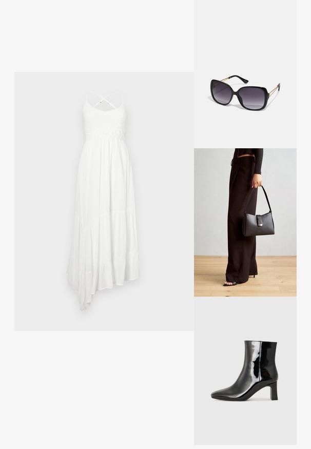 Balta maksi suknelė su tekstūruotu megztu priekiniu kūnu, plisuota sijonu ir asimetrišku apačiu. Yra kryžminiai špageti diržai ir nėrinių juosmuo.; Juodos lakuotos odinės aulinukės su smailiu pirštu ir vidutinio aukščio blokuotu kulnu. Lygus paviršius ir minimalistinis dizainas.; Juodos didelės saulės akinių su pereinamais objektyvais, storomis rėmeliais ir auksinės spalvos grandinėmis ant šventyklų.; Juodas rankinė struktūrizuota forma, lygi tekstūra ir metalinis užsegimas. Suporuota su plačiomis juodomis kelnėmis ir atvirais bateliais ant medinių grindų.