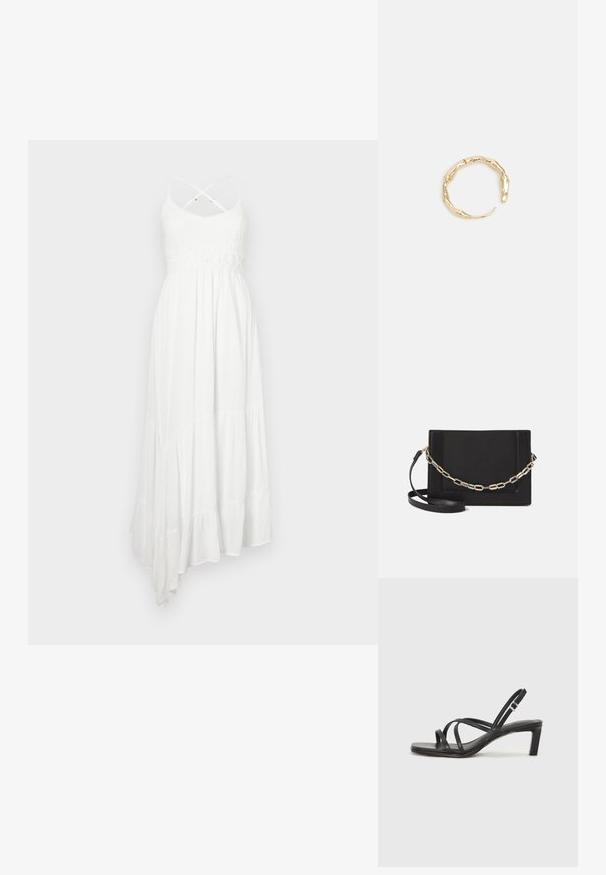 Bela maxi obleka z teksturiranim pletenim korzetom, nabranim krilom in asimetričnim robom. Ima križane naramnice in kvačkan pas.; Črne natikače s trakovi in kvadratnim prstom ter nizkim blokastim peto. Imajo več tankih trakov in nastavljiv trak okoli gležnja. Narejene so iz gladkega usnja.; Črna usnjena torba čez ramo z gladko teksturo, pravokotno obliko in kovinskim verižnim detajlom spredaj. Vključena je nastavljiva naramnica.; Zlati prstan s organskim, zvitim dizajnom, gladko površino in taperiranimi konci, ki ustvarja modernega, skulpturalnega videza.