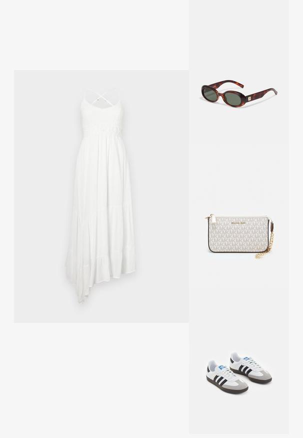 Rochie maxi albă cu un trup din tricot texturat, fustă plisată și un tiv asimetric. Dispune de bretele spaghetti încrucișate și un brâu din croșetă.; Încălțăminte sport cu un superior din piele albă, vârf din suede gri și trei dungi negre. Prezintă un logo albastru pe limbă și o talpă din cauciuc texturat.; Ochelari de soare cu model țestoasă, cu lentile întunecate, formă ovală și brațe late. Prezintă un mic accent auriu pe lateral. Material din plastic neted.; Clutch Michael Kors din canva acoperit bej, cu un model repetitiv al logo-ului MK, accesorii din aur și o curea cu lanț detașabil.