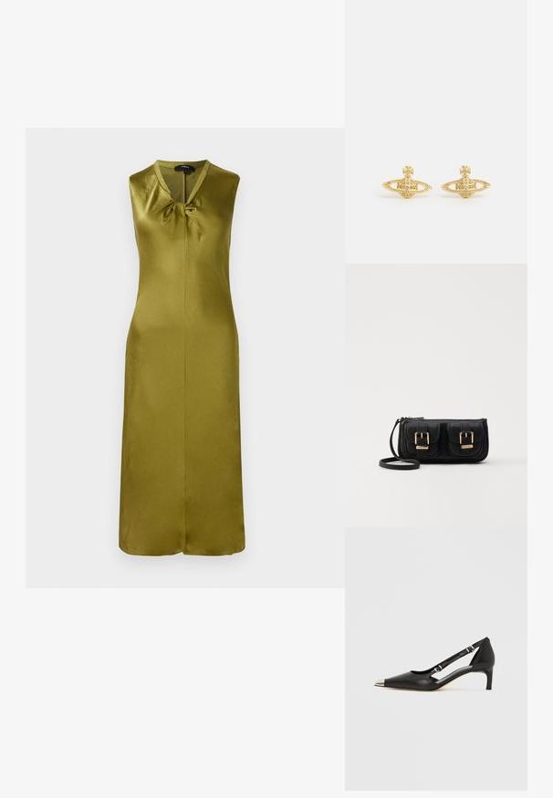 Varrukateta oliivroheline kleit, mis on valmistatud siledast satiinist, omab V-kaelust ja esist sõlmepunutist koos keskmise õmbluse ja sirge lõikega.; Mustast nahast kassikontsaga king, millel on terava kujuga hõbedane nina ja topeltsõlmedega rihmad, valgel taustal.; Must küllastamata nahast õlakott, millel on kaks esist nähtavat taskut, kuldsed pandlad, tõmblukuga sulgemine ja peen rihm. Tekstuuriga pind ja kompaktne ristkülikukujuline kuju.; Vivienne Westwood MINI BAS RELIEF EARRINGS - Kõrvarõngad - gold-coloured