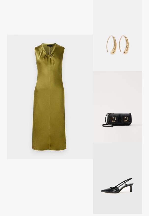 Bezdidelis alyvuogių žalios spalvos suknelė, pagaminta iš lygios satino, turi V formos iškirptę ir priekinį mazgo akcentą su centrinėmis siūlėmis ir tiesiu kirpimu.; Juodai lakuoti slingback aukštakulniai su smailiu nosiu, su tekstūruotu gyvatės raštu, reguliuojama juosta ir trumpu, tekstūruotu blokiniu kulnu.; Juodas odinis per petį nešiojamas krepšys su dviem priekiniais kišenėmis, auksiniais sagtimis, užtrauktuko uždarymu ir siauromis petnešomis. Textūruota paviršius ir kompaktiškas stačiakampis formatas.; Auksinės metalinės auskarų kabės su lenktą, pailgą forma. Turi lygų, blizgantį paviršių ir užapvalintą galiuką papildomam akcentui.