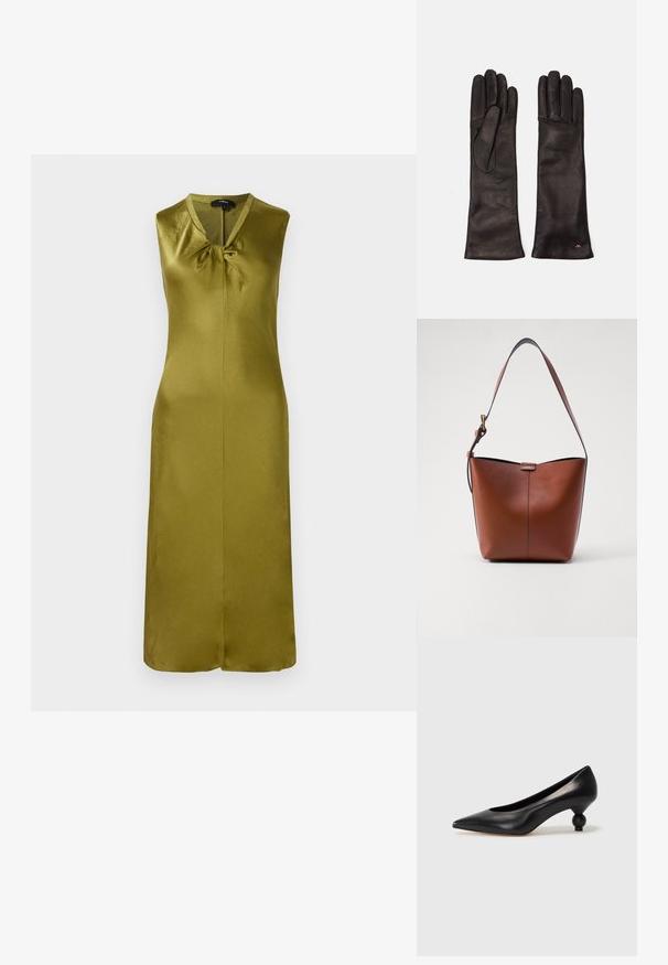 Sleeveless olive green dress, made of smooth satin, features a V-neck and a front knot detail with a central seam and straight cut.; Black leather high heel shoe with a pointed toe and a round, balled heel. Smooth texture with a sleek, minimal design.; Brown leather shoulder bag with a curved shape, smooth texture, and a single thin strap. Features a subtle seam and a small logo detail.; Weekend Max Mara SENAPE - Gloves - nero