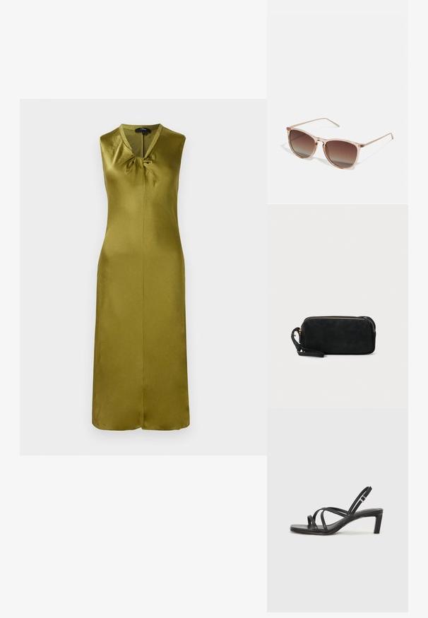 Mouwloze olijfgroene jurk, gemaakt van glad satijn, heeft een V-hals en een knoopdetail aan de voorkant met een centrale naad en recht gesneden.; Zwarte sandaal met bandjes, vierkante teen en een lage blokhak. Voorzien van meerdere dunne bandjes en een verstelbare enkelband. Gemaakt van zacht leer.; Bruine gradient zonnebril met een doorzichtig roze montuur, vierkante vorm en dunne metalen armen. Heeft afgeronde hoeken en minimale details.; Zwarte suède clutchtas met een ritssluiting en een afneembare polsband. Voorzien van goudkleurige hardware en een gladde, matte textuur.