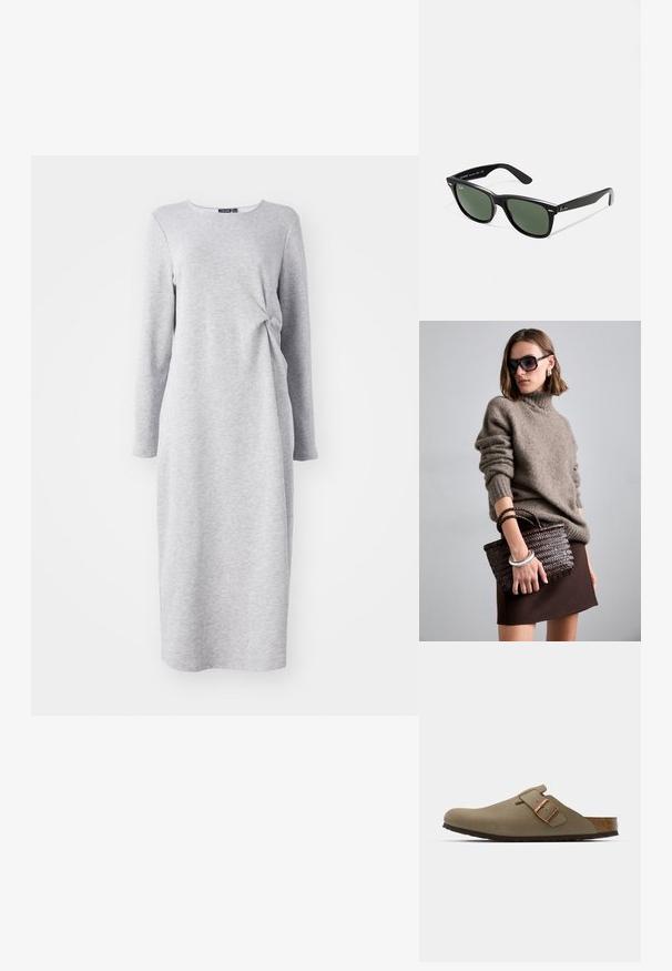 Pilkas ilgas megztas suknelė su apvalia kaklo iškirpte, turinti susuktą detalę juosmens srityje ir tiesią siluetą. Minkšta tekstūra.; Rudos medvilniniai klumpės su lygiu, matinio paviršiaus apdaila. Yra išsiskiriantis bronzinis sagtis šone. Kamštinis padas ir gumos išorė užtikrina komfortą.; Juodi plastikiniai saulės akiniai su žaliais objektyvais, kvadratiniais rėmeliais, sidabriniu akcentu ant antakio ir tekstūruotais šventyklų šakutėmis. Vidinėje šakutėje nurodyta prekės ženklo pavadinimas.; DRAGON DIFFUSION MINI FLAT GORA - Rankinė - dark brown