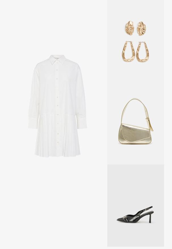Vestido blanco de camisa con cuello, mangas largas, cierre de botones en la parte delantera y sección inferior con plisados. Fabricado en una tela suave.; Zapato de charol negro tipo slingback con punta afilada, correas al tobillo con hebillas y herrajes de plata, y un tacón delgado.; Bolso de mano metálico dorado con un diseño estructurado, textura suave y correa ajustable. Presenta una forma triangular única y un cosido minimalista.; Pendientes en tono dorado que presentan formas texturizadas y onduladas. Incluyen aros de clip esculturales y un diseño de aro abierto con un acabado martillado.