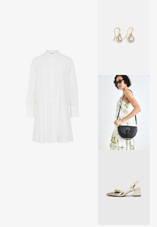 Valge pluusikleidi, millel on kraega kaelus, pikad varrukad, nööbid ees ja volditud alumine osa. Valmistatud siledast kangast.; Kuldne, metallilised slingback-kudumid terava varba ja paksu kontsaga. Sile tekstuur, minimalistlik disain ja kitsas rihm.; Mustmust mustraha kõverate joontega, eemaldatava rihmaga ja kuldsete detailidega. Kotil on klapp, millel on pandladetail.; Kuldtooni kõrvarõngad ovalikujuliste selgete kristallidega, mille ümber on väiksemad selged kivid, ja kaarvormiga disain, et tagada kindel kandmine.