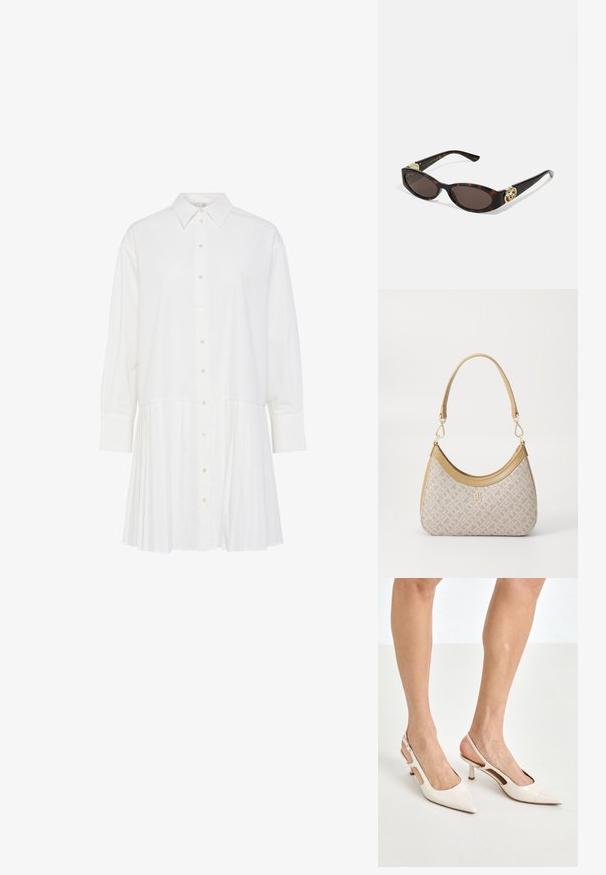 Abito bianco a camicia con collo classico, maniche lunghe, chiusura frontale con bottoni e parte inferiore plissettata. Realizzato in tessuto liscio.; Tacchi slingback in pelle lucida beige con punta affusolata e tacco di 5 cm, caratterizzati da lati traforati e una sottile fascia alla caviglia.; Occhiali da sole tartarugati con lenti ovali allungate, tonalità marrone, accenti dorati con logo sulle tempie e aste nere eleganti.; Borsa a tracolla beige con un motivo stampato, forma curvata, dettagli in pelle e un logo dorato sul davanti. Presenta una maniglia corta per un facile trasporto.