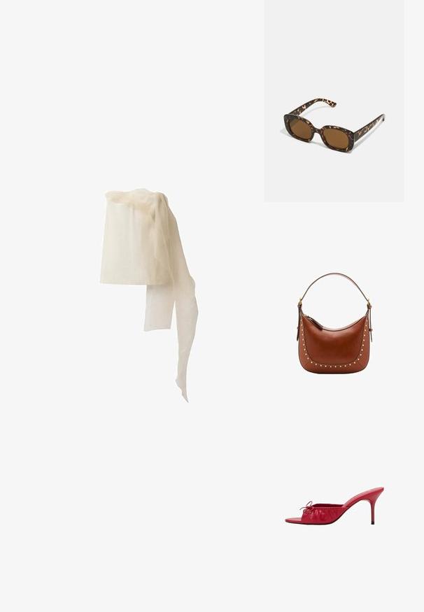 Valkoinen pellavapäähine, sylinterimäinen muoto, päällä laskeutuu ohut, virtaava huivi, joka on pehmeä ja läpikuultava.; Punaiset nahka-avokkaat, joissa on avotukka, koottu ja poimutettu muotoilu sekä koristeellinen nauha. Varustettu korkean kantalukon ja sileän pinnan kanssa.; Kaurisilmät, joissa on pyöreä, jämäkkä kehys ja ruskeat linssit. Ominaisuuksiin kuuluvat hillityt kuviot sekä suorat, kapenevat sangan osat.; Ruskea nahkalaukku, jossa on kaareva muoto, koristeena kultaiset niitit sauman varrella ja ohut olkahihna. Ylhäällä vetoketjukiinnitys.