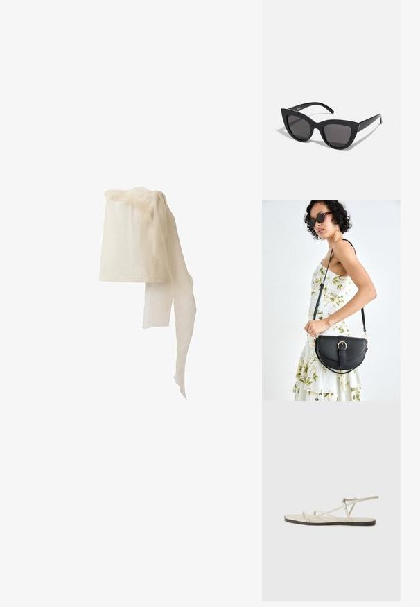 Ľanový čelenka v off-white farbe, cylindrického tvaru s priesvitným, splývajúcim šatkom prehodeným cez vrch, s jemnou, priesvitnou textúrou.; Béžové ploché sandále s viacerými štíhlymi popruhmi a nastaviteľnou prackou. Podrážka je plochá s jemným tmavým kontrastom na okraji.; Čierne slnečné okuliare v štýle mačacích očí s matným povrchom, so šedými tónovanými sklami, ostrými hranami a elegantnými bokovými ramenami. Názov značky je viditeľný na vnútornom ramene.; Čierna kožená kabelka s zaobleným tvarom, odnímateľným popruhom a zlatými doplnkami. Kabelka má klopu s detailom s prackou.