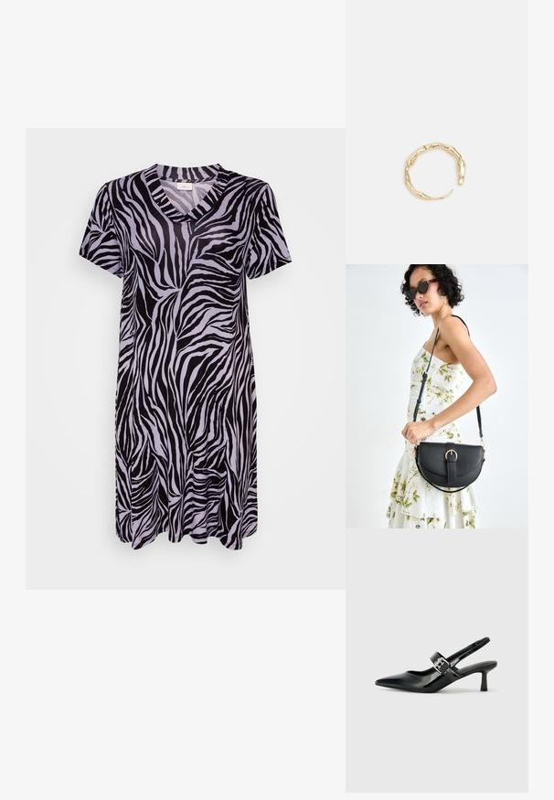 Lühikeste varrukatega musta ja heledat lillat zebra mustriga kleit, millel on V-kaelus ja voolav siluett pehme ja siledana kangas.; Mustad patenteeritud nahast sildiga kontsad, millel on terav nina ja väike plokk-konts, mille rihmal on hõbedane pandla aksessuaar.; Mustmust mustraha kõverate joontega, eemaldatava rihmaga ja kuldsete detailidega. Kotil on klapp, millel on pandladetail.; Kuldtoonis sõrmus, millel on orgaaniline, keerdunud disain sileda tekstuuri ja kitsenevate otstega, luues kaasaegse skulptuurilise välimuse.