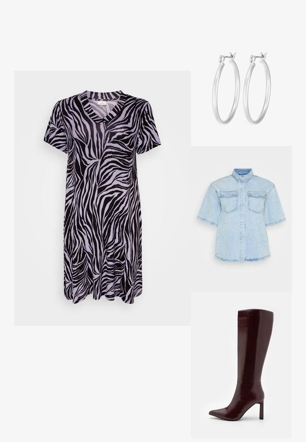 Melnās un gaiši violetās zebras raksta īsām piedurknēm tērps ar V veida kakla izgriezumu un plūstošu siluetu no mīkstas, gludas auduma.; Gai zils džinsa krekls ar īsām piedurknēm, ar divām priekšējām kabatām un rotāts ar mazām sudraba pīrsingiem visā. ; Even&Odd Zābaki - dark red; Sudraba riņķveida auss gredzeni ar gludu, pulētu apdari. Apaļa forma un drošs klikšķa augšējais slēgums. Viegls dizains, kas piemērots ikdienas valkāšanai.