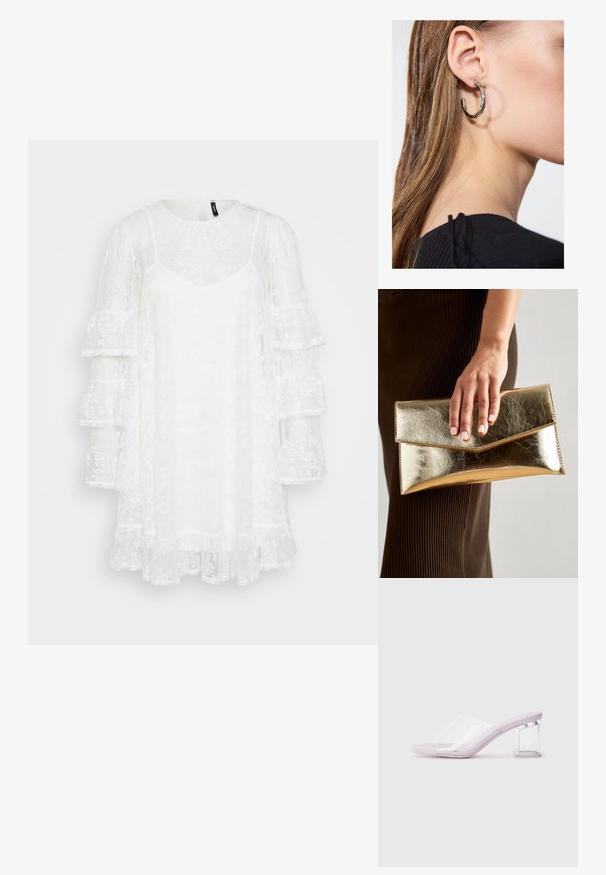 Valge pitskleit ümmarguse kaelusega, V-kujulise aluskattega ja liigsete volangidega pikkade varrukatega. Üksik tekstuur, millel on lillemustrid kogu ulatuses.; Lilla kontsade mules, millel on selge plastikkate ja läbipaistev plokk-kand. Sile tekstuur, avatud varvastega disain, minimalistlik kuju.; Kuldne metallist käekott, millel on sile tekstuur ja kolmnurkne klapp. Kotti hoidev käsi on hoolikalt maniküüritud küüntega.; Hõbedane rõngas kõrvarõngas poleeritud viimistlusega, millel on väikesed kuldsed aktsendid ja ümmargune kuju, kantud lobus.