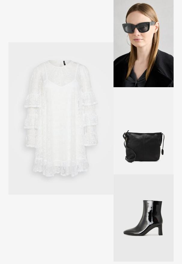 Bijela čipkasta haljina s okruglim izrezom, v-izrezom ispod, i višeslojnim naboranim dugim rukavima. Prozirna tekstura s cvjetnim uzorcima kroz cijeli tekstil.; Crne lakirane kožne gležnjače s šiljastim prstom i srednje visokom blok petom. Glatka tekstura i minimalistički dizajn.; Crne mačje naočale s tamnim staklima, debelim okvirima i suptilnim detaljima. Nosit će se s crnim kaputom i sivoj majici, s dugom ravnom kosom.; Crna kožna torbica preko tijela s ravnim oblikom, zlatnim detaljima i podešivim remenom. Glatka tekstura s minimalnim detaljima šivanja.
