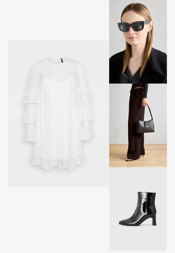 Hvit blondekjole med rund hals, v-kutt underlag og lagdelte volangermer i lang lengde. Gjennomsiktig tekstur med blomstermønster over hele. ; Sorte patentlær ankle boot med spiss tå og en mellomhøy blokkhelt. Glatt tekstur og minimalistisk design.; Sorte katteøyne solbriller med mørke linser, tykke rammer og subtile detaljer. Båret med en svart frakk og grå topp, med langt, rett hår.; Svart håndveske med strukturert form, jevn tekstur og metallisk lås. Kombinert med brede svarte bukser og sandaler med åpen tå på tregulv.