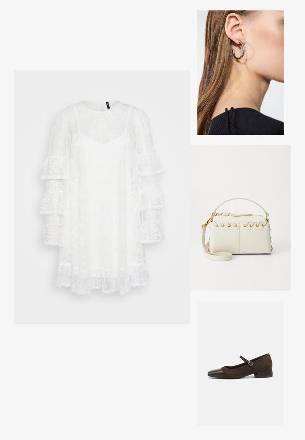 Fehér csipke ruha kerek nyakkivágással, V-alakú aljjal és réteges fodros hosszú ujjakkal. Áttetsző textúra virágmintákkal.; Barna velúr Mary Jane cipő fekete lakk bőrből készült orr résszel, állítható pánttal és alacsony blokk sarkával. Simább textúra minimális díszítésekkel.; Fehér műbőr kézi táska, felső cipzárral, rövid fogantyúval és levehető keresztpántos vállpánttal, arany színű fémrészletekkel. Oldalsó fűzés részlet.; Ez egy ezüst fülbevaló, sima felülettel, amelyen apró arany díszítőelemek találhatók. Kerek formájú és a fülcimpán viselik.