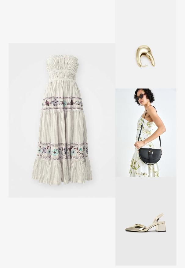 Strapless, tiered dress with a gathered, elastic top. Light fabric features vertical stripes and floral embroidery in purple and teal tones.; Gold, metallic slingback heels with a pointed toe and chunky heel. Smooth texture, minimalistic design, and a narrow strap.; Black leather handbag with a curved shape, detachable strap, and gold hardware. The bag features a flap with a buckle detail.; Gold-tone metal earring with a sleek, curved design. Features a distinctive pointed shape, polished surface, and hinge closure.