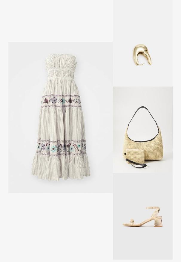 Pánt nélküli, réteges ruha, összegyűrt, elasztikus felsőrésszel. Könnyű anyag, amely függőleges csíkokkal és virágos hímzéssel rendelkezik lila és türkiz árnyalatokban.; Arany színű fémtalpú szandál sarokkal, éles szögletű blokk sarkal, két pánttal a lábfej fölött és állítható boka pánttal. Simaság jellemzi.; Fonott szalmakézi táska ívelt sziluettel, sima fekete bőrszíjjal és egy hozzá illő, csuklószíjjal rögzített kis tasakkal.; Aranyszínű fém fülbevaló, elegáns, ívelt formával. Különleges hegyes alak, fényes felszín és zsanéros záródás jellemzi.