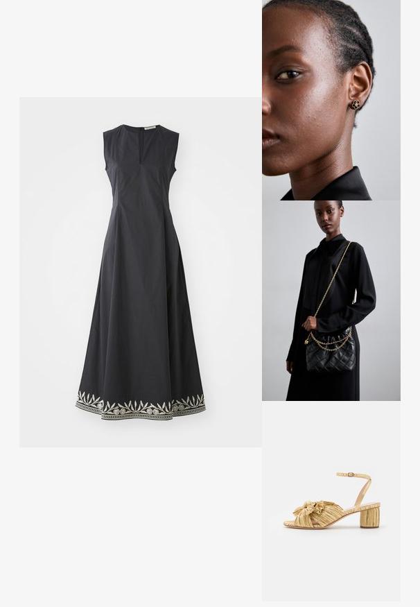 Juoda suknelė be rankovių, su tvirtai prigludusia liemenėle ir išplatėjančia sijona. Apatinėje dalyje yra dekoratyvinės sidabrinės siuvinėjimo detalės. Uždarymas užtrauktuku nugaros pusėje.; Auksinės kulno šlepetės su tekstūruotu, klostuotu dizainu ir išsiskiriančia kaspino detale. Kulkšnies dirželis su reguliuojamu sagtimi, vidutinio dydžio blokinis kulnas.; Juodas susegamas odinis rankinukas su susiraukšlėjusia viršuje, auksine grandine ir stačiakampiu pavidalu, laikomas prieš paprastą foną.; Auksiniai gėlių auskarai turi tekstūruotą juodą centrą ir subtilius detalius. Modelio švari oda ir pintos plaukai matomi profilyje.