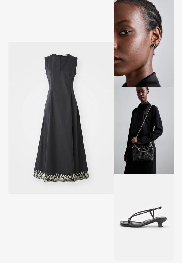 Bezramenné černé šaty s přiléhavým tělem a rozšířenou sukní. Vyznačují se dekorativní stříbrnou výšivkou podél lemu. Zapínání na zip na zadní straně.; Černé kožené sandály s tenkými pásky, nízkým blokovým podpatkem a čtveratou špičkou. Obsahují přezku a mají hladkou texturu.; Černá prošívaná kožená kabelka s staženým vrchem, zlatým řetízkovým popruhem a obdélníkovým tvarem, držena před jednoduše pozadím.; Zlaté květinové náušnice mají texturované černé střed a jemné detaily. Modelova jasná pleť a splétané vlasy jsou viditelné v profilu.