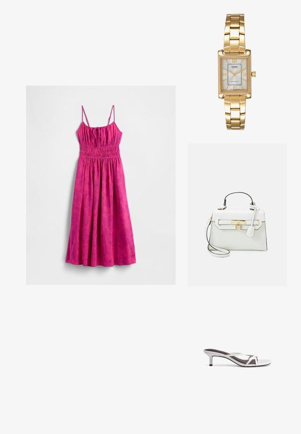 Fuksična maksi poletje obleka z nastavljivimi naramnicami, nabranim zgornjim delom in teksturiranim listnatim vzorcem po celotni tkanini.; Srebrne sandale na peto s križnim trakama, gladko teksturo in koničastim nosom. Peti je približno dva inča visok.; Bela torbica z krokodiljim vzorcem, zlatimi dodatki, zgornjim ročajem in snemljivo naramnico; vključuje zaklep, preprost dizajn.; Zlato obarvana pravokotna ročna ura z belo številčnico, srebrnimi kazalci in trdno kovinsko zapestnico. Vključena je vodoodporna funkcija.