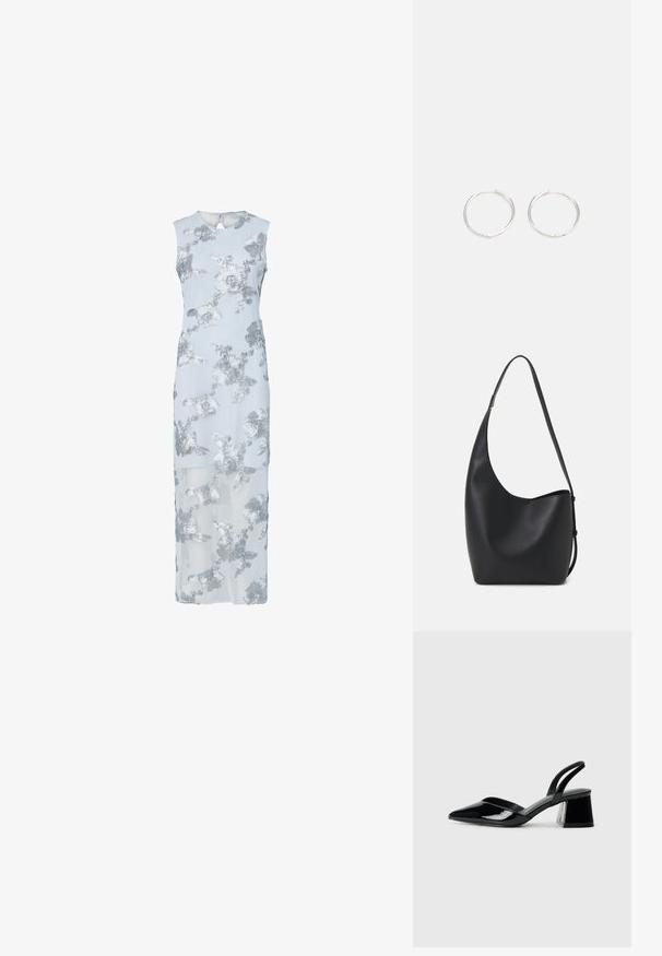 Világoskék ruha ezüst virágmintás hímzéssel, ujjatlan fazon, térd hosszúságú, átlátszó réteg, kerek nyakkivágás és hátsó kulcslyuk.; Fekete lakk bőr szandálkés magas sarkú cipő, hegyes orral és geometrikus tömbsarkakkal. Karcsú, minimalista dizájn és sima textúra jellemzi.; Fekete bőr hobo táska sima textúrával, ívelt formával és egyetlen állítható pánttal; széles nyílás található a tetején.; Ezüst karika fülbevalók, letisztult, kerek formával, sima felülettel és látható díszítés nélkül. A átmérő nem megadott.
