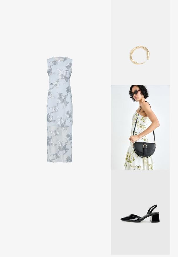 Svetlomodré šaty so striebornou kvetinovou výšivkou, bez rukávov, po kolená, s priesvitným prekrytím, okrúhlym výstrihom a kľúčovou dierkou na zadnej strane.; Čierne lakované kožené sandálové podpätky s špicatou špičkou a geometrickým blokovým podpätkom. Disponujú elegantným, minimalistickým dizajnom a hladkým povrchom.; Čierna kožená kabelka s zaobleným tvarom, odnímateľným popruhom a zlatými doplnkami. Kabelka má klopu s detailom s prackou.; Prsteň v zlatej farbe s organickým, skrúteným dizajnom, hladkým povrchom a zužujúcimi sa koncami, vytvárajúci moderný, sochársky vzhľad.
