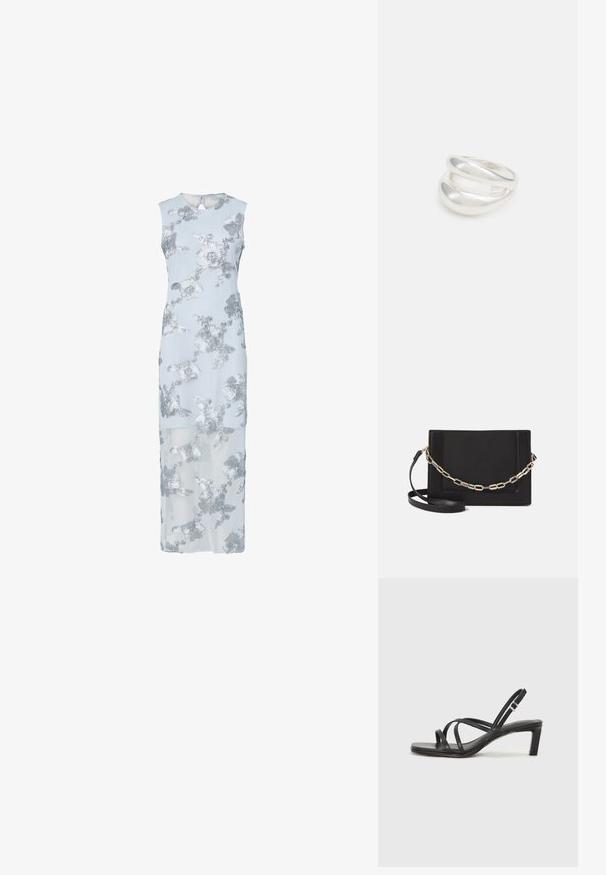 Valkoinen sininen mekko, jossa on hopeiset kukkaompeleet, ilman hihoja, polven pituinen, läpinäkyvä päällys, pyöreä pääntie ja takana avainaukko.; Mustat hihnalligat, joissa on neliön muotoinen kärki ja matala lohkokorko. Ominaisuuksiin kuuluu useita ohuita hihnoja ja säädettävä nilkkahihna. Valmistettu sileästä nahasta.; Musta nahkainen olkalaukku, jossa on sileä pinta, suorakulmainen muoto ja metalliketju yksityiskohtana edessä. Mukana säädettävä hihna.; Hopeinen kaksinkertainen rengas, jossa on sileä, kiillotettu pinta. Siinä on sulava, kaareva muotoilu, jossa on päällekkäisiä osia modernin ilmeen saavuttamiseksi.