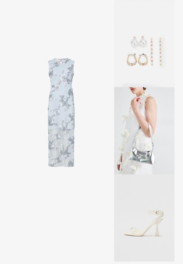 Jasnoniebieska sukienka z srebrnym haftem w kwiaty, bez rękawów, do kolan, z przezroczystą narzutką, okrągłym dekoltem i otworem w tylnej części.; Białe skórzane sandały na wysokim obcasie z paskami, o smukłym wyglądzie, z przezroczystym słupkiem i ozdobnym elementem na palcach.; Srebrna metaliczna torebka o strukturalnym kształcie, wyposażona w górną rączkę i detal w postaci kokardy z przodu. Gładka tekstura, odbijające światło wykończenie.; Trzy pary kolczyków: duże białe perły wkrętki, złote kolczyki w kształcie kół z przezroczystymi kamieniami, oraz dwa długie, proste złote kolczyki akcentujące z błyszczącymi detalami.
