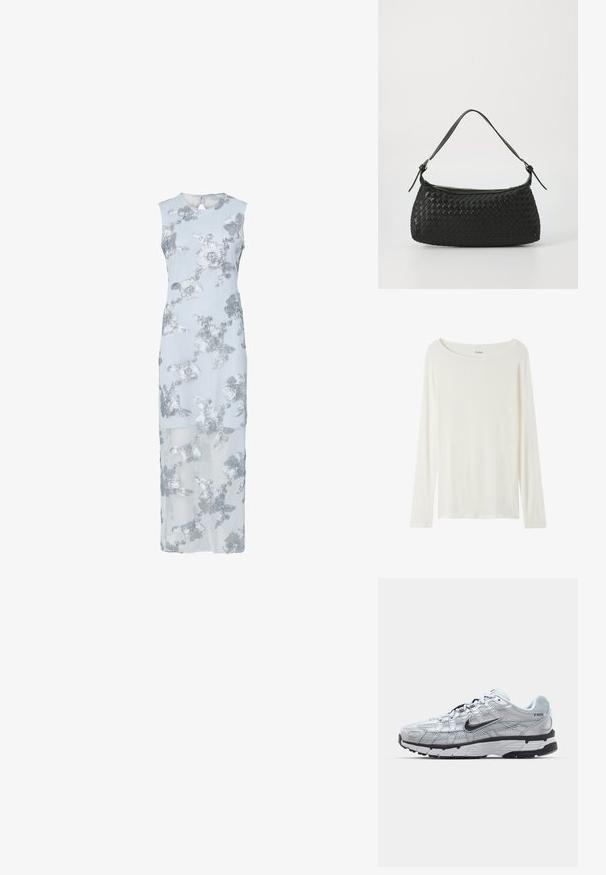 Jasnoniebieska sukienka z srebrnym haftem w kwiaty, bez rękawów, do kolan, z przezroczystą narzutką, okrągłym dekoltem i otworem w tylnej części.; Długi rękaw, bluzka z okrągłym dekoltem w kolorze kremowym, wykonana z miękkiego materiału. Posiada prosty krój i minimalistyczny design bez ozdób.; Nike P-6000 sneakers z jasnoszarym siateczkowym wierzchem, czarnymi akcentami i trwałą czarną gumową podeszwą. Charakteryzują się skomplikowanym wzornictwem i systemem sznurowania.; Czarna, pleciona torba na ramię z gładkim skórzanym paskiem i zapięciem na zamek. Charakteryzuje się teksturowaną powierzchnią i zakrzywionym kształtem.