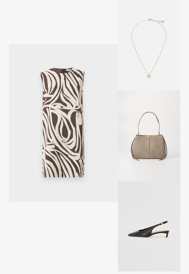 Ujjatlan ruha krémszínű és barna színben, örvénylő levélmintával. Magas nyakkivágással és hátsó cipzáras záródással rendelkezik. Texturált anyagból készült.; Fekete bőr slingback sarkú cipő, hegyes orral, alacsony sarokkal és állítható bokapánttal, aranyszínű csattal. Simább textúra.; Tommy Hilfiger CASUAL SHOULDER BAG - Kézitáska - coastal taupe; Arany nyaklánc, finom lánccal és kerek medállal, amelyet apró, beágyazott drágakövek díszítenek, fokozva ezzel ragyogó megjelenését.