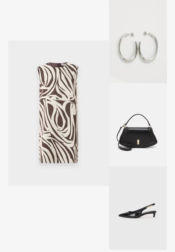 Ärmlös klänning i krämfärg och brunt med ett virvlande lövmönster. Har en hög halsringning och en dragkedja bak. Tillverkad av texturerat tyg.; Svart läder slingback-hälar med spetsig tå, med en smal klack och en guldtonad detalj på den justerbara remmen. Slät textur.; Svart läderhandväska med en strukturerad design, som har en avskuren form, ett handtag upptill och guldiga detaljer. Justerbar axelrem ingår.; Silverfärgade hoopsörhängen med en slät, böjd design. Har en glänsande metallisk yta och ett stiftlås. Inga synliga mönster eller detaljer.