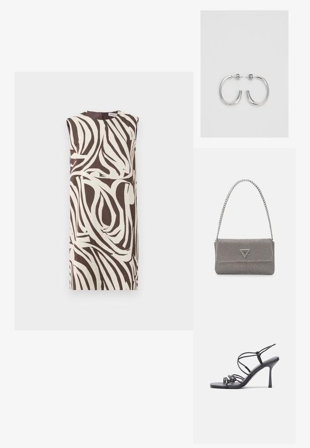 Beijamas bešvys su kreminės ir rudos spalvos sukimo lapų raštu. Yra aukštas apykaklė ir užtrauktukas gale. Pagamintas iš tekstūruoto audinio.; Juodos aukštakulnės sandalai pasižymi plonyčiais dirželiais su mazgo dizainu, lygiu kvadratiniu pirštu ir elegantišku stiletto kulnu.; Šviesiai pilka metalinė rankinė su grandinėlės dirželiu, papuošta mažais apvaliais metaliniais smeigėmis ir trikampiu prekės ženklu.; Sidabriniai lankelio formos auskarai su lygiu, blizgiu paviršiumi, išlenktos formos ir su užsegimu. Minimalistinio dizaino su moderniu apdaila.