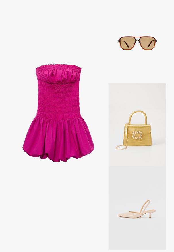 Fuksjowa sukienka bez ramiączek z marszczonym korpusem i obszerną, rozkloszowaną spódnicą. Wykonana z gładkiego materiału, z zebranym górnym brzegiem.; Beżowe lakierowane czółenka na odkrytej pięcie z zasunięciem, z ostrym noskiem i smukłym, kwadratowym obcasem. Gładka faktura i minimalistyczny design bez zdobień.; Brązowe ośmiokątne okulary przeciwsłoneczne z przezroczystą bursztynową oprawką i brązowymi soczewkami. Posiadają metalowy akcent na nosku oraz smukłe zauszniki.; Żółta torebka z faux-krokodylka o wyrafinowanej konstrukcji, z górnym uchwytem, odpinanym łańcuszkiem oraz dekoracyjnym kryształowym zdobieniem na zapięciu.; Złote kolczyki w kształcie hula z polerowanym wykończeniem, z rowkowanym wzorem i zapięciem na sztyft. Okrągły, masywny kształt.